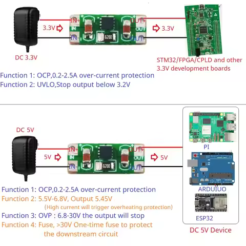 0.2-2.5A Overvoltage Overcurrent OCP OVP UVLO OTP Power Supply Protection Board DC 3.3-5V for Arduin