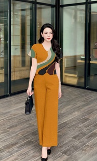 Set Đồ Nữ Thiết Kế Đồ Đũi Cao Cấp Áo Cộc Cổ Tim Quần Đũi Suông Nữ Mã R69