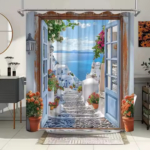 Greek Island Shower Curtain - White Buildings, Azure Sea & Flowers, Vibrant Mediterranean Scene, Wat