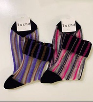 日本 Tuche 紫 粉 條紋 玻璃絲 短襪 女襪
