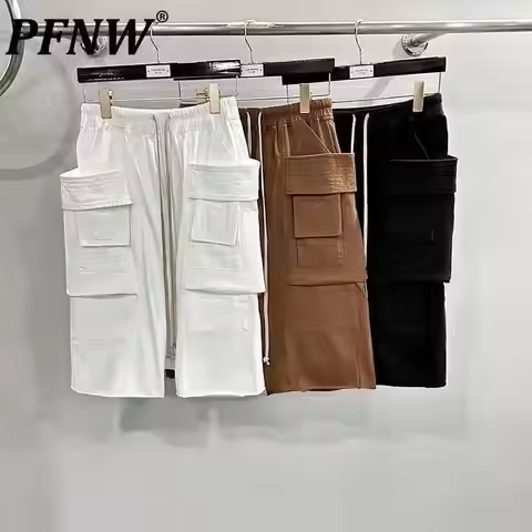 PFNW High Qualityi Darkwear Double Loop Knit Washed Cargo Shorts Punk Men's Drawstring Elastic Waist