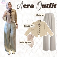 Aera Women's Outfit Set (Ribbon Blouse, Knit Pants, Bella Square) Modern Teenage Hijab AS2M
