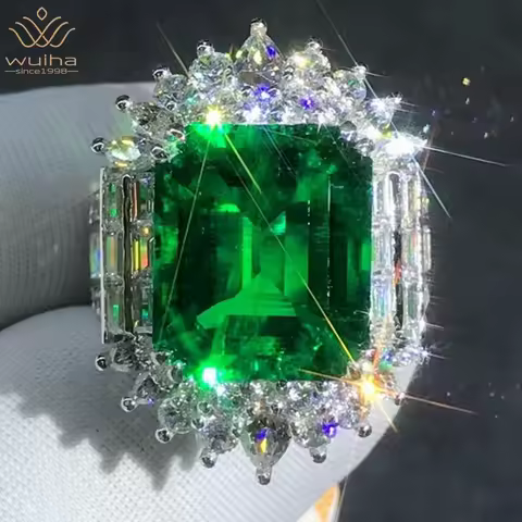 WUIHA Luxury Solid 9K White Gold 3EX 8.78CT VVS Emerald Created Moissanite Diamond Wedding Engagemen