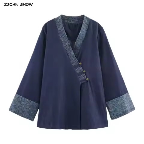 2025 Autumn Deep Blue Contrast Color Kimono Denim Coat Women Ethnic Cross V neck Front Buttons Loose