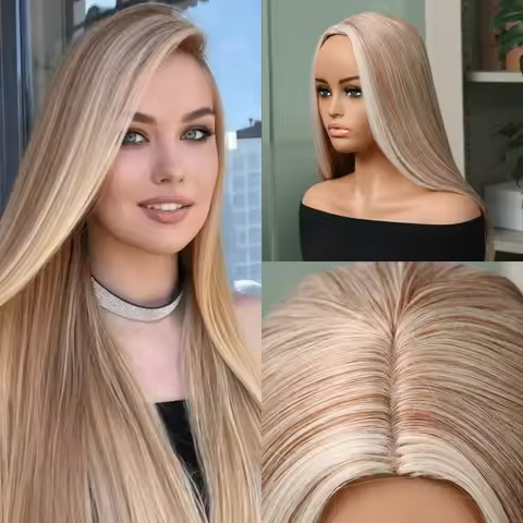 Long Straight Blonde Wig, Elegant Ombre Brown to Blonde, Heat-Resistant Synthetic Hair with Rose Net