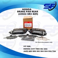 HONDA CIYT TMO SEL SAA JAZZ GD3 GE8 SR3 SR4 SO4 S5A T9A REAR BRAKE PAD 43022-SR3-G01