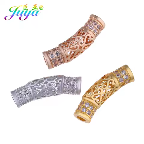 Juya Micro Pave Zircon Metal Curved Tube Beads For Handmade Natural Stones Pearls Jewelry Making