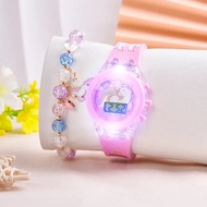 New Girls Cartoon Unicorn Pattern Silicone Strap Watch Beaded Bracelet Suit