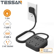 TESSAN Flat Cord Extension 1.5M/3.0M/4.5M Type C Adapter Power Strip with USB-C 2/3/4 Way Extension