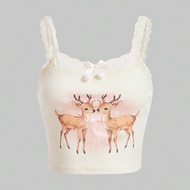 Áo ba lỗ họa tiết hươu ren tương phản Himekaji có trang trí nơ, đi học