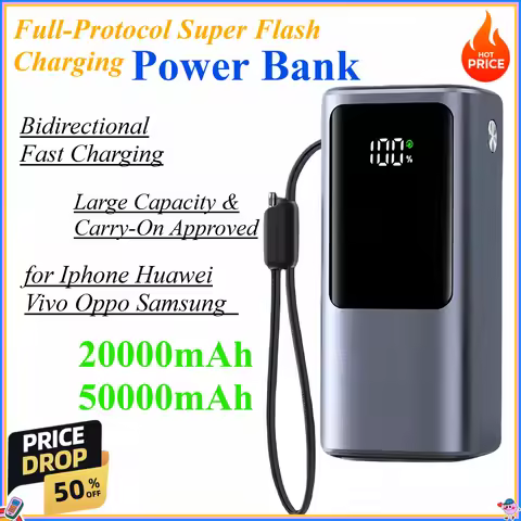 20000mAh Mini Power Bank 120w Portable Charger Built-in USB C Cable Fast Charging for Iphone Huawei 
