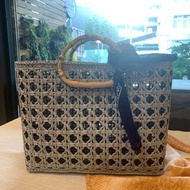 手作編織包。灰。紙線包包。