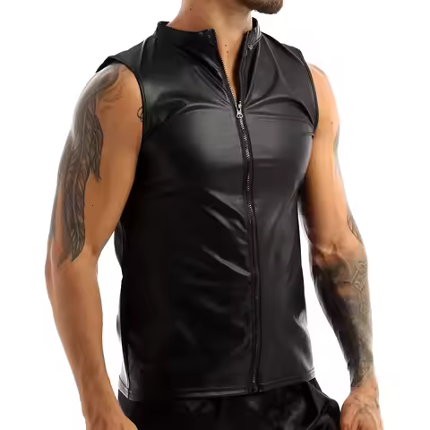 Men's Leather Vest Elastic Fashion PU Leather Waistcoat Zipper Sleeveless Jackets Man Clothes Biker'