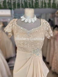 ELEGANT BEIGE SIDE SWAG BROOCH DESIGN FORMAL DRESS FOR WEDDING, NINANG GOWN, MOTHER OF THE BRIDE GROOM, OCCASSIONS, EVENTS