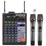 Professional 4-Channel BT Audio Mixer with 2 Wireless Microphones LED Digital Mixing Console Built-in Amplifier with USB Connection 3-Band EQ Reverb Adjustment DSP Record [ppday]
