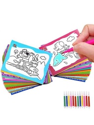 10張混合風格水彩著色卡帶2套6色迷你畫筆兒童diy著色早教益智繪畫水彩插畫卡