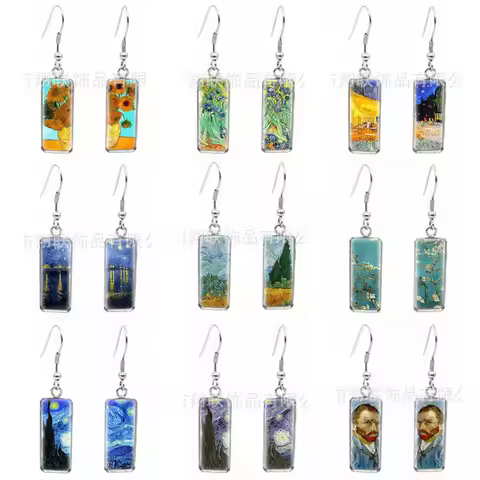 Van Gogh Oil Painting Ear Studs Starry Night Sunflower Statement Earrings Jewelry Gift for Women Gir