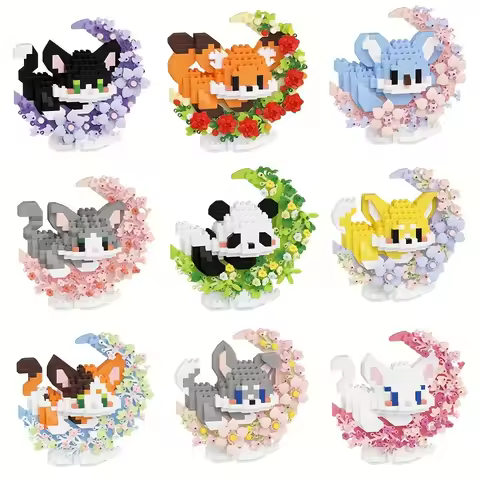 Mini Anime Animals Series Building Blocks Set Flower and Kawaii Cats Small Cat Pig Fox Dog DIY Brick