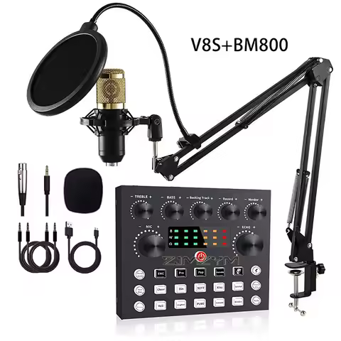 V8S Microphone Kit with Sound Card - Audio Interface Microphone Set for PC/Phone Live Streaming Reco