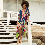 Tropical Kaftan Resortwear Beach Cover Ups V-Neckline ผู้หญิง Maxi Dress Mujer Vestido Vivid สี Caftan Batwing แขนเสื้อ