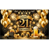 Happy 21th Birthday Party Banner Backdrop Black Gold 21th Birthday Decorations for Teenage Birthday 