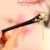 Vietnamese ancient style jade lotus sandalwood hairpin Vip62 (Free box)