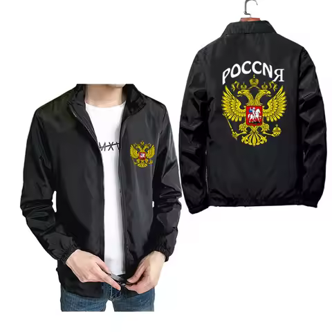 Coat Of Arms Of Russia Eagle Russian Emblem Gold Windbreaker Coat Mens Jacket Zipper Spring Black Ca