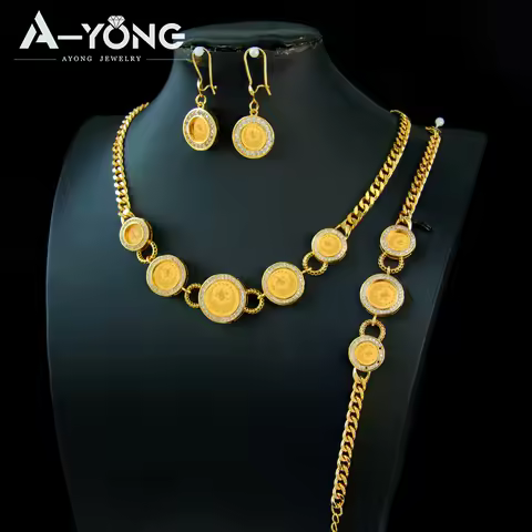Luxury Dubai Gold Plated Coins Necklace Set 21k Gold Color Turkish Zircon Chokers Saudi Muslim Women