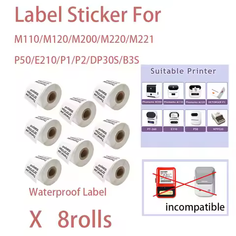 8rolls M110/E210/P50/PT-260 Label Printer Sticker Self-Adhesive Thermal Paper, Compatible for M110 M