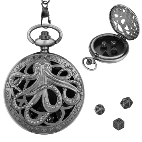 7PCS Metal Polyhedral Dice Come with Retro Gray Octopus Watch Case Antique Meter Header Souvenir Gif