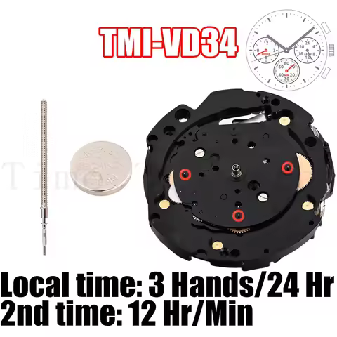 VD34 Movement TMI VD34 Dual Time Movement Size: 12 ¾‴ Height: 3.97mm 6 hands/24 hr 2nd time: 12 hr, 