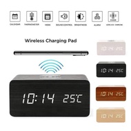 Ready Stock_LED Electric Alarm Clock Digital Wooden Clocks with Phone Wireless Charger Snooze and Brightness Adjustable