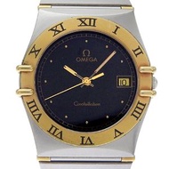 二手OMEGA星座系列男士腕錶，不鏽鋼錶殼，銀色石英機芯，模擬顯示，黑色錶盤。