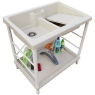 [特價]新式特大雙槽塑鋼水槽 洗衣槽 洗手台(白烤漆腳架)-1入