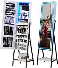 FOMNEY Jewelry Cabinet with LED Lights, 63" H Full Length Mirror with Jewelry Storage, Standing Jewelry Armoire with Door Mirror, Jewelry Organizers for Christmas Gift (White)