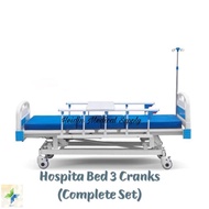 HOSPITAL BED 3 Cranks Complete Set with IV Pole Leatherette Matress Overbed Table for Home/Hospital