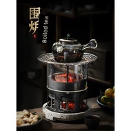 創意網紅款觀火圍爐煮茶鑄鐵炭爐玻璃側把茶壺碳火爐家用器具全套