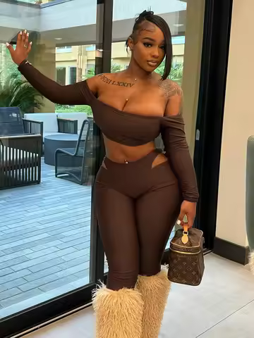 Weird Puss Tight Women 2 Piece Set Slash Neck Crop Tops+High-Waist Hollow Leggings Matching Streetwe