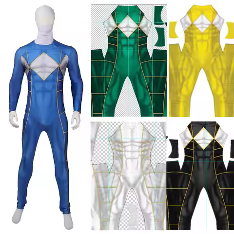 Multi Color Kyoryu Sentai Zyuranger Cosplay Boys Dragon Ranger Warrior Printed Spandex Outfits Hallo