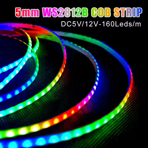 DC5V/12V WS2812B COB LED Strip 5mm WS2812 RGBIC Individually Addressable Flexible 160Leds/m High Den