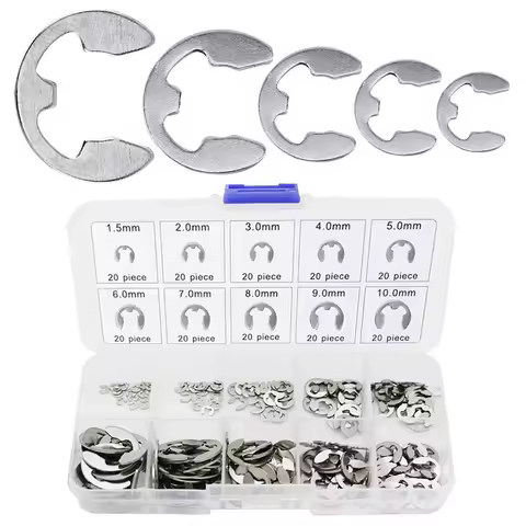 200pcs external snap ring combination kit 10 size E-Clip snap ring 304 stainless steel open snap rin