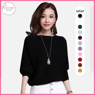 BTM_【READY STOCK】ST245 Women's Bat Sleeve Sweater Loose Solid Color Single Collar Sweater Knitted To