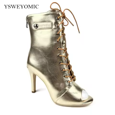 Heels For Dance Rubber Sole Gold Leather Dance Booties Sparkly Dance Shoes For Party Latin Heels Dan