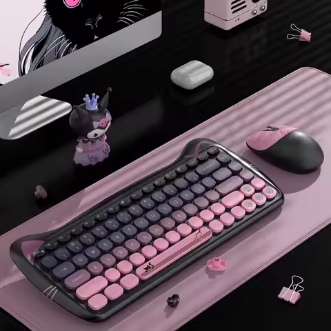GEEZER Wireless Silent Keyboard Mouse Combo, Pink-Black Cat Ear Retro Round Keycaps US QWERTY Layout