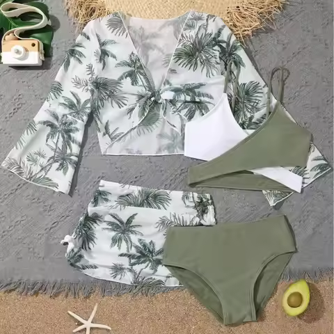 8-14Years Girl's 4 Piece Swimsuits Bikini Top & Skirt Kids Swimwear Children Beach Pool Vacation Res