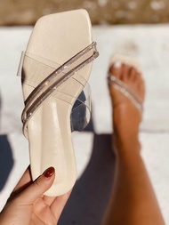 時尚戶外平底拖鞋適用於女士透明水鑽交叉帶PVC露趾涼拖
