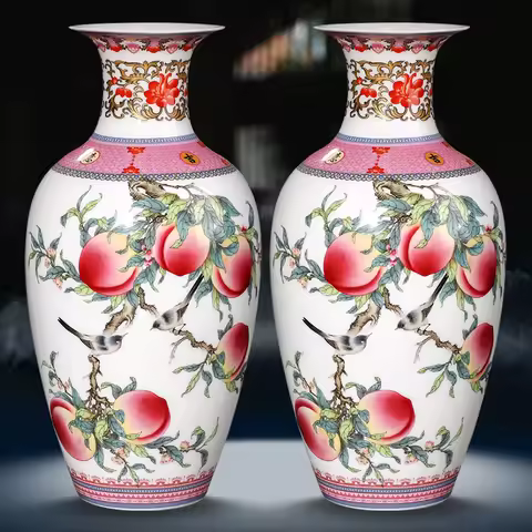 Jingdezhen Ceramics Famille Rose Peach Pattern Vase Ornaments Chinese Living Room Wine Cabinet Antiq