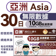 【亞洲】14個地區 30日 10GB高速丨電話卡 上網咭 sim咭 丨無限數據 即買即用 網絡共享