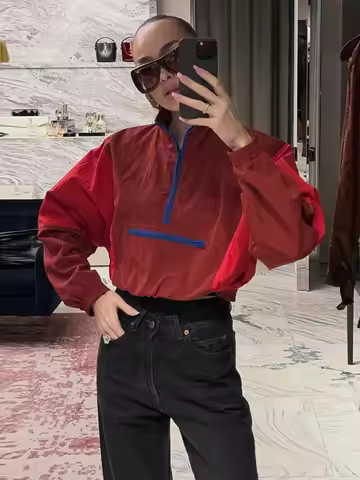 Color Block Cropped Anorak Jacket Women Stand Collar Half Zip Kangaroo Pocket Long Sleeve Jackets 20