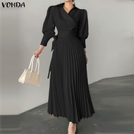 VONDA ชุดบวกขนาดแขนยาว OL ใส่ทำงานแบบจีบสำหรับผู้หญิงสไตล์เกาหลีที่เป็นทางการชุดสีดำสไตล์เกาหลี  เสื